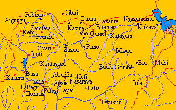 Major cities of Hausaland. Modern borders are in red., for article on Hausa Bakwai kingdoms