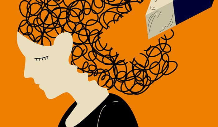 Tangled thoughts being erased from a person's mind, for an article about a VUCA world