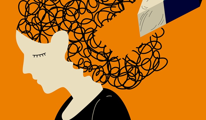 Tangled thoughts being erased from a person's mind, for an article about a VUCA world