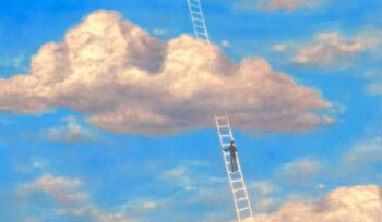 Illustration of climbing ladder into the clouds