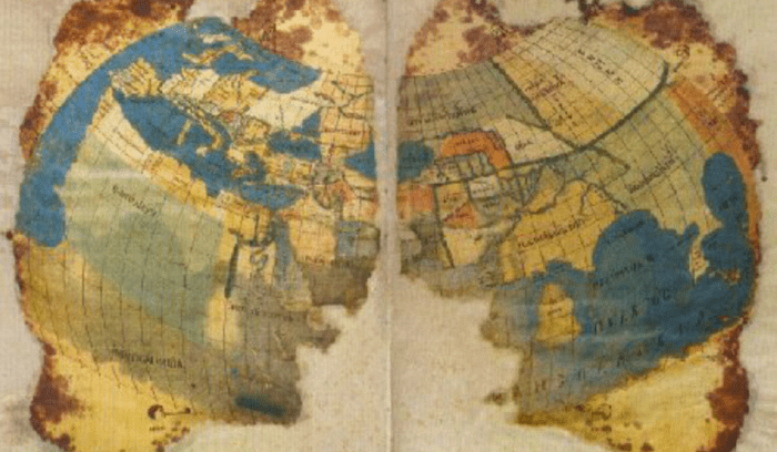 A damaged Greek map of the inhabited world along the lines of Ptolemy's 2nd projection, for article on Ptolemy's Geography