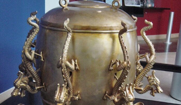 A replica of an ancient Chinese Seismograph from Eastern Han Dynasty (25-220 CE)., for article on Zhang Heng's seismoscope