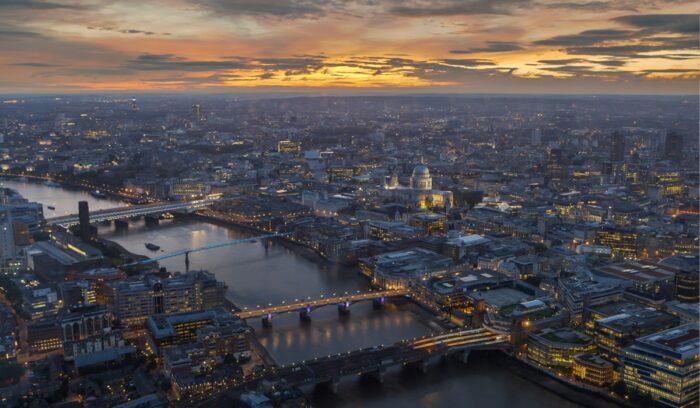 Aerial view of London and the Thames, for article on U.K. renewable energy record