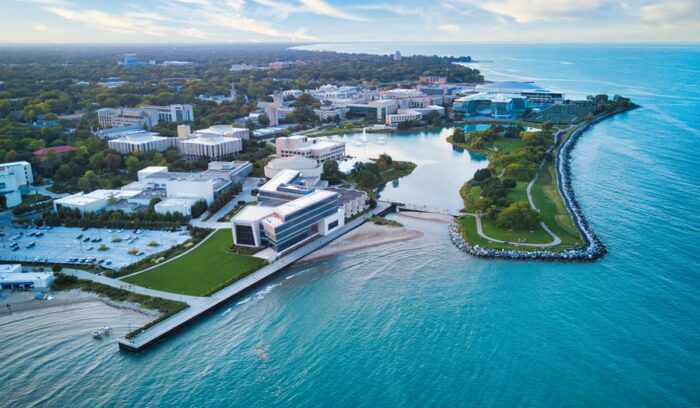 Aerial view of Northwestern University campus, for article on prison education program