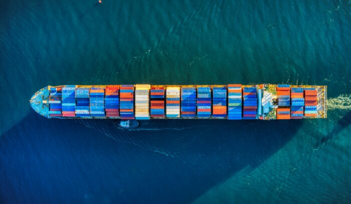 Aerial view of container ship