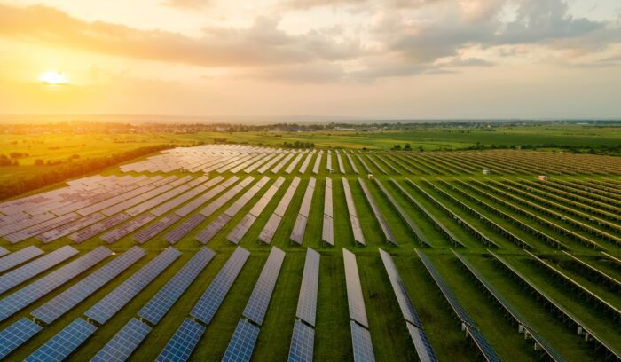 Aerial view of large electrical power plant with many rows of solar photovoltaic panels for producing clean ecological electric energy in morning, for article on zero-carbon power capacity