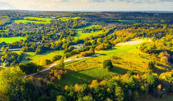 Aerial view of rolling hills, for article on biodiversity net gain