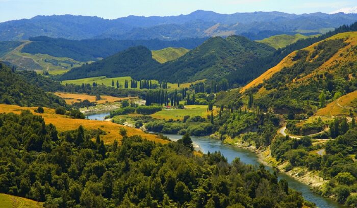 An aerial view of Whanganui River, for article on Whanganui River legal rights
