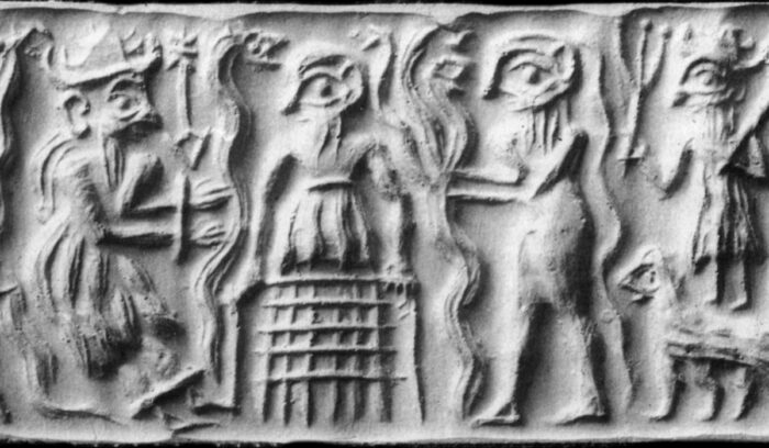 Ancient Sumerian cylinder seal impression showing Dumuzid being tortured in the Underworld, for article on Sumerian King List