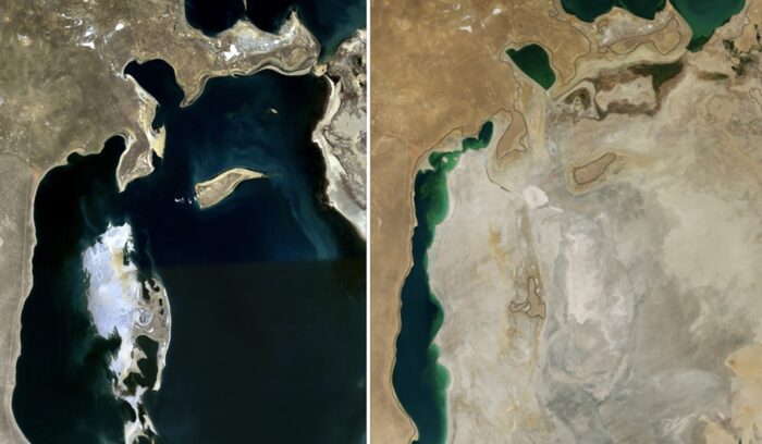 Aral Sea time lapse 1989 2014, for article on Aral Sea afforestation