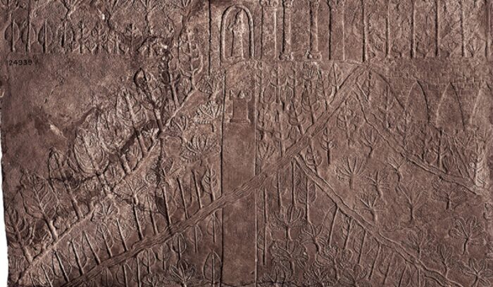 Assyrian relief of aqueduct, for article on Assyrian canal systems