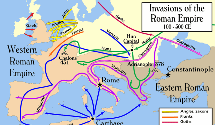 Basic view of second- to fifth-century migrations throughout Europe, for article on migration period