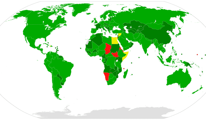 Biological Weapons Convention 1972 map, for article on biological weapons ban