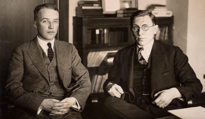 Canadian scientists Frederick Banting (right) and Charles Best circa 1924, for article on insulin isolation