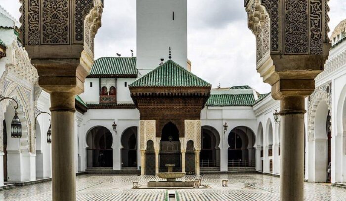 Courtyard of the mosque and its minaret at University of Al Qaraouiyine, for article on Al-Karaouine university
