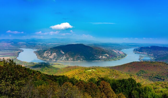Danube river band from the predikaloszek view point in Hungary with Visegrad and Nagymaros, for article on Mura-Drava-Danube transboundary conservation