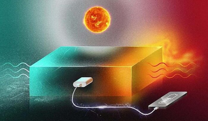 Depiction of microchip storing solar energy in liquid, for article on solar energy storage