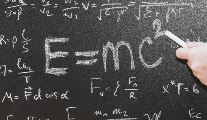 E=MC squared on chalkboard, for article on special theory of relativity