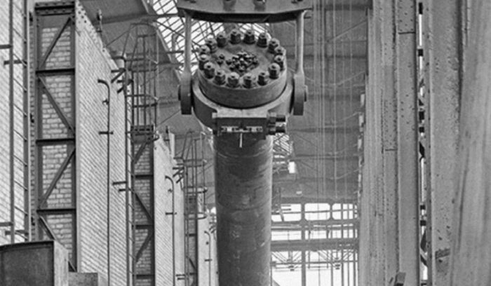 First ammonia reactor from BASF during assembly at the factory Oppau, for article on Haber-Bosch process