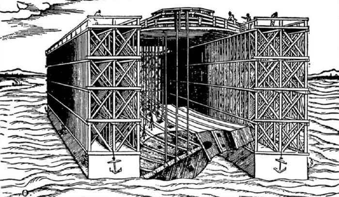 Floating Dock. Woodcut from Venice (1560), for article on Song Dynasty dry dock