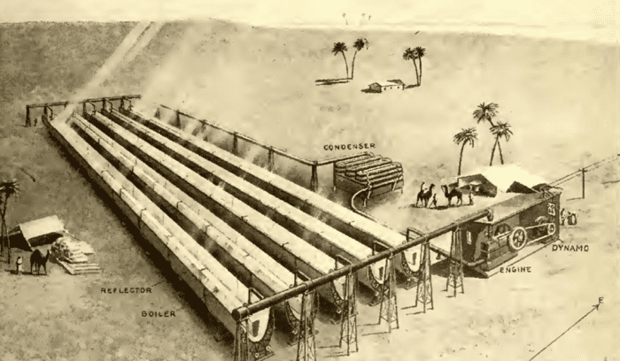 Frank Shuman thermal solar plant concept drawing, for article on solar thermal power