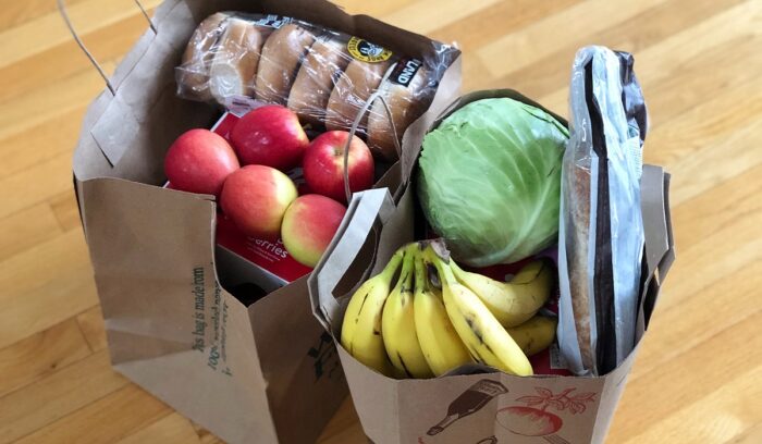 Grocery bags full of food|Fruit and vegetables