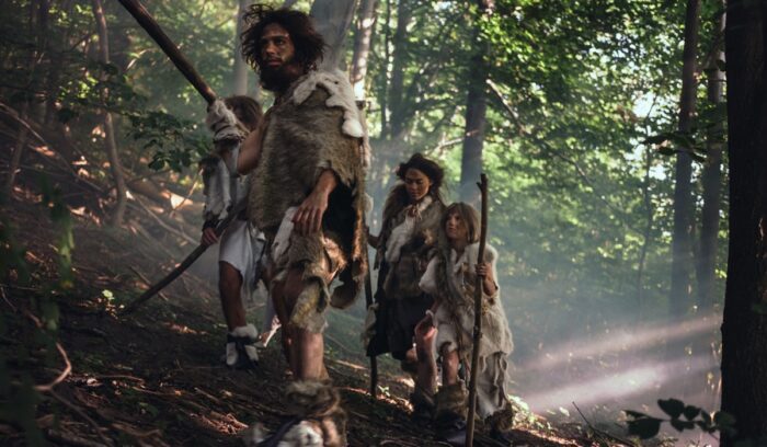 Group of hunter-gatherers wearing clothes, for article on Guitarrero Cave fiberwork