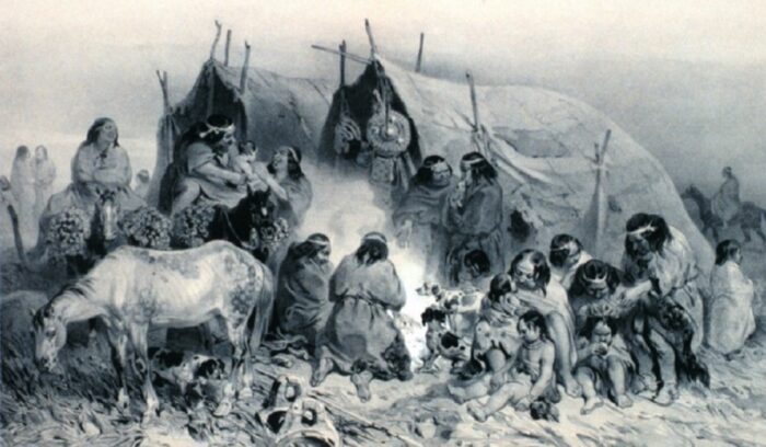 Grupo de patagones en puerto Peckett. An 1832 drawing made during the voyage of Jules Dumont d'Urville., for article on Patagonia settlement
