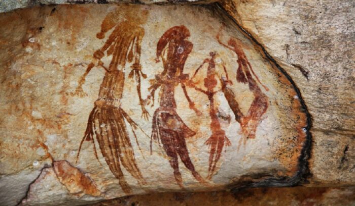 Gwion Gwion (Tassel) figures wearing ornate costumes, for article on aboriginal rock art