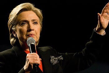 Hillary Clinton at the Democratic presidential nomination ceremony, smiling and waving to supporters