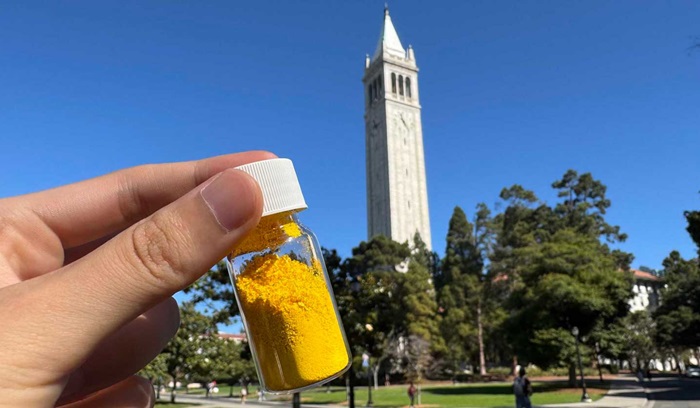 Holding turmeric-like substance in front of Berkeley's Campanile