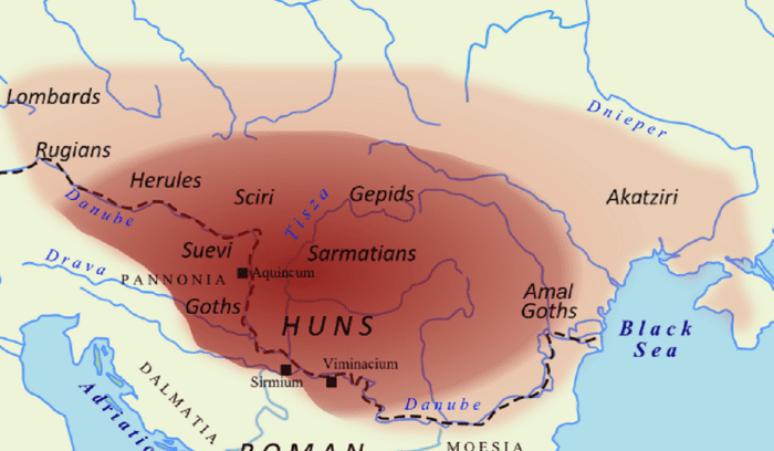 Hunnic Empire map 450 A.D., for article on Hunnic Empire
