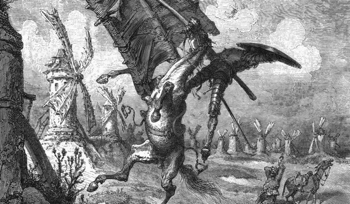 Illustration by Gustave Doré depicting the famous windmill scene from Don Quixote, for article on Don Quixote modern novel