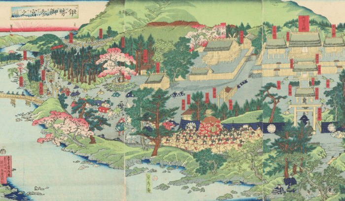 Ise Grand Shrine Ukiyo-e with Emperor Meiji (center) worshipping Ise Jingu on a portable shrine (March 11, for article on ise grand shrine