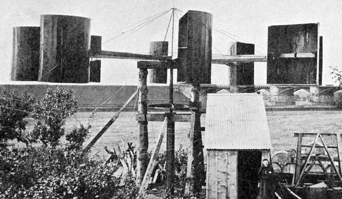 James Blyth's windmill at his cottage in Marykirk in 1891, for article on wind-powered electricity
