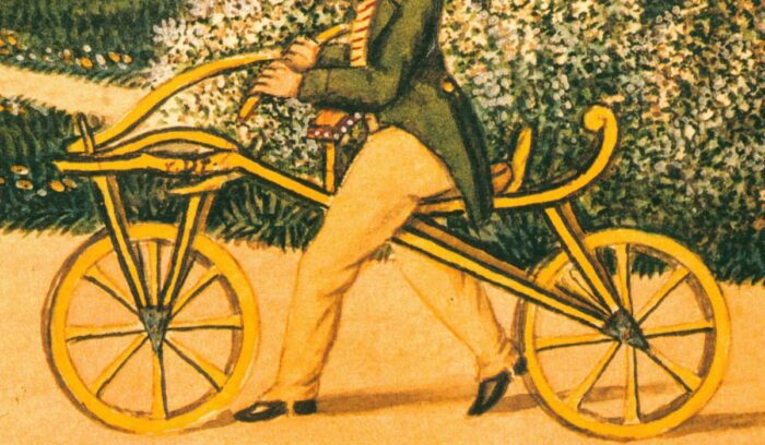 Karl von Drais on his original Laufmaschine, for article on draisine invention