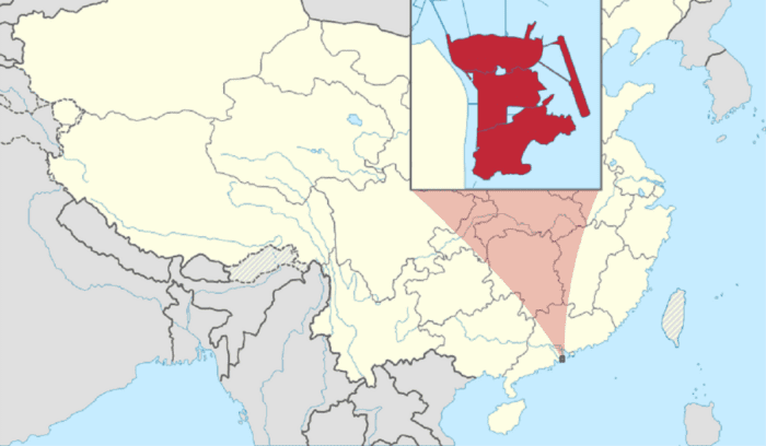 Location of Macau within China, for article on macau early settlement