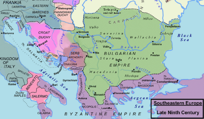 Map of First Bulgarian Empire in 850 C.E., for article on first bulgarian empire