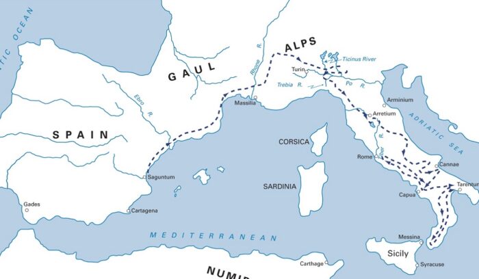 Map of Hannibal's route of invasion of Rome, for article on Hannibal Alps crossing