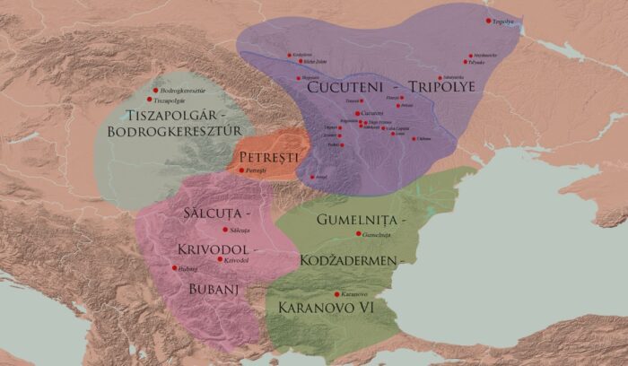 Map of ancient Chalcolithic cultures of Southeastern Europe, for article on Cucuteni–Trypillia culture