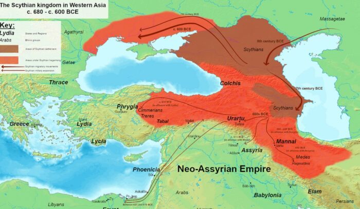 Map of the Scythian kingdom in Western Asia at its maximum extent, for article on Scythian kingdom
