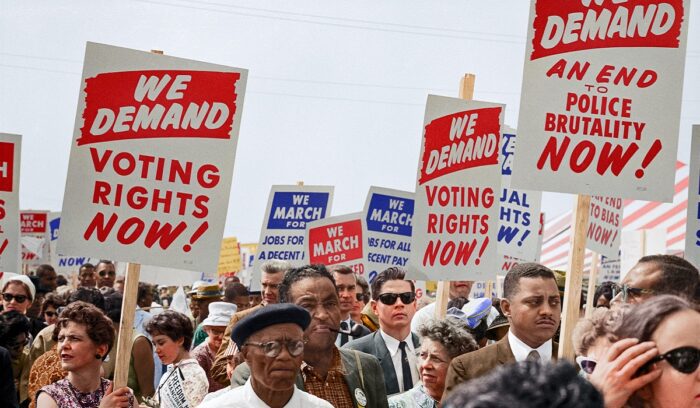 Marchers with signs at the March on Washington, for article on civil rights movement