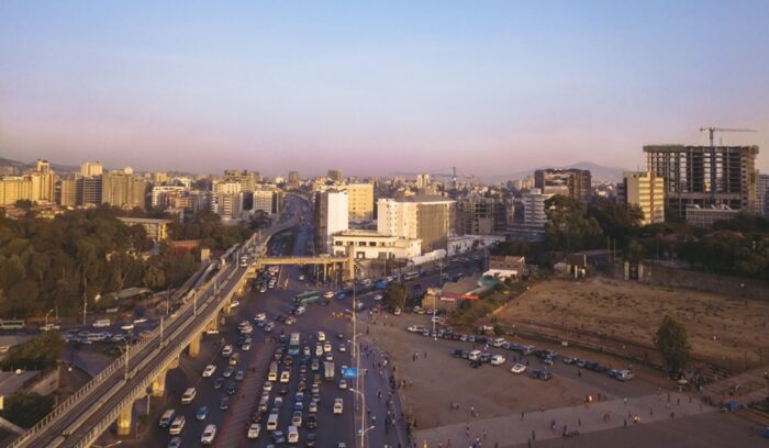 Meskel Square traffic in Addis Ababa, for article on fossil fuel vehicle ban