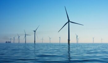 Offshore wind turbines at sea at sunset for an article about offshore wind capacity