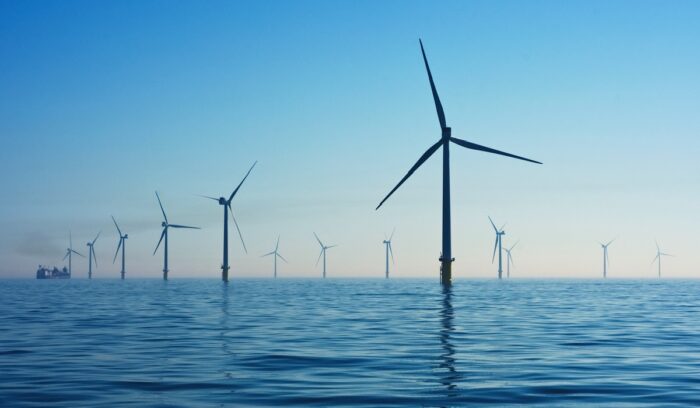 Offshore wind turbines at sea at sunset for an article about offshore wind capacity