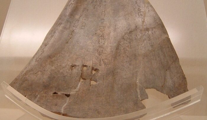 Oracle bone with Old Chinese inscription, for article on oracle bones