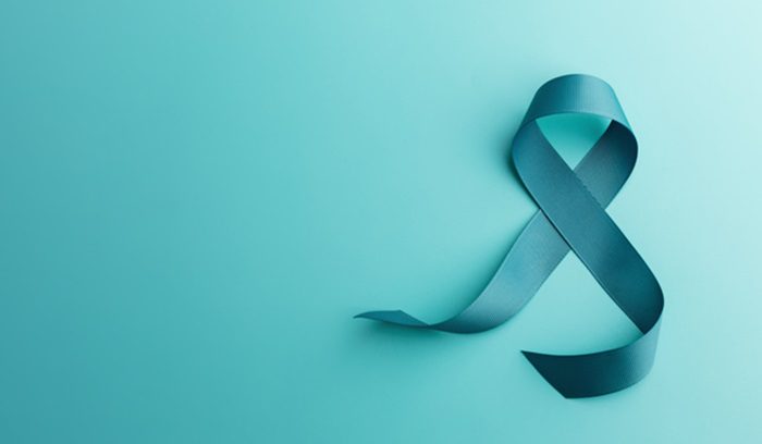 Ovarian and Cervical Cancer Awareness. a Teal Ribbon, for article on cervical cancer treatment
