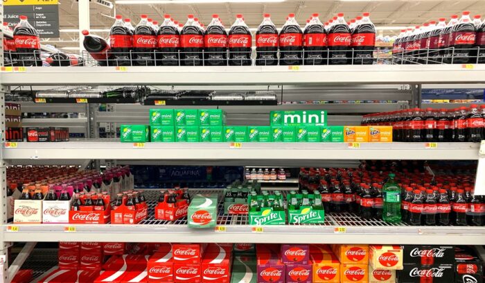 Pack of sodas on the shelf at the supermarket