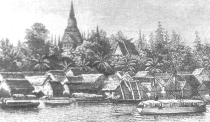 Phnom Penh from east drawn in 1887., for article on Phnom Penh founding