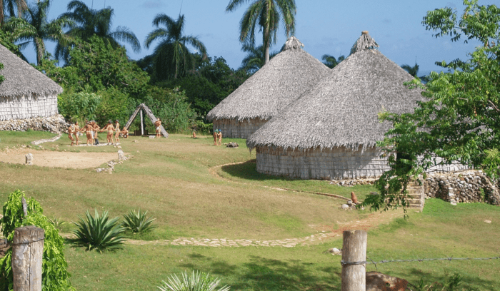 Reconstruction of a Taíno village in Chorro de Maíta, for article on Taíno Caribbean civilization